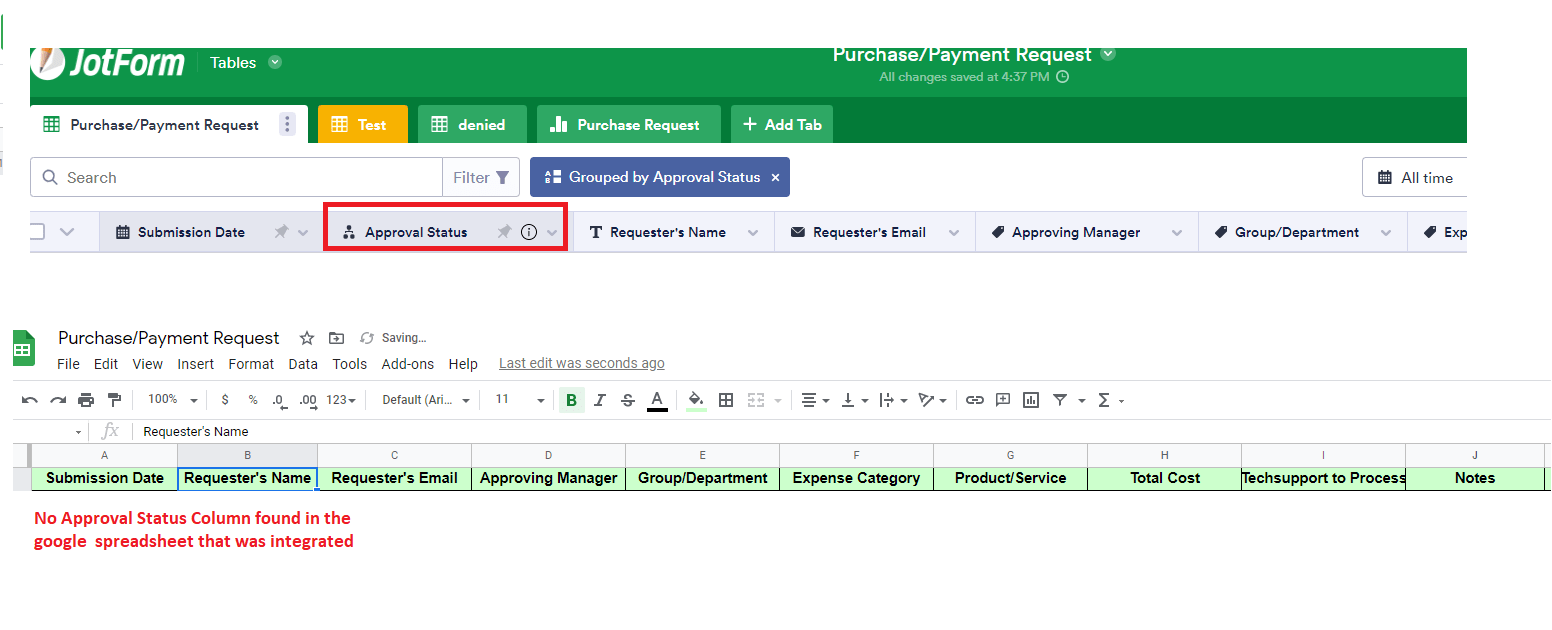 Google Sheet Integration Approval Status